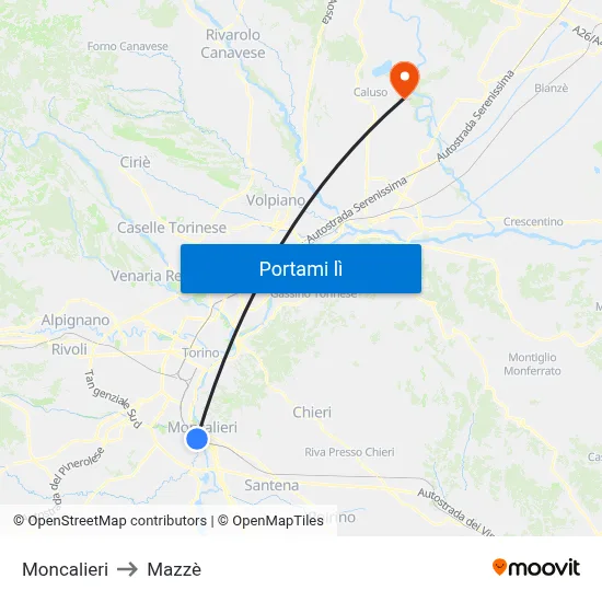 Moncalieri to Mazzè map