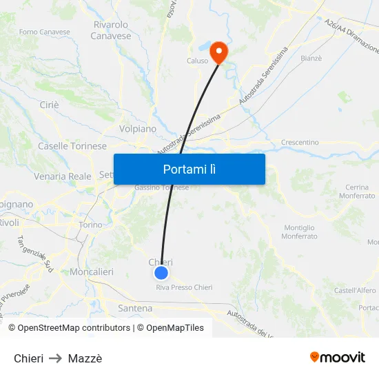 Chieri to Mazzè map
