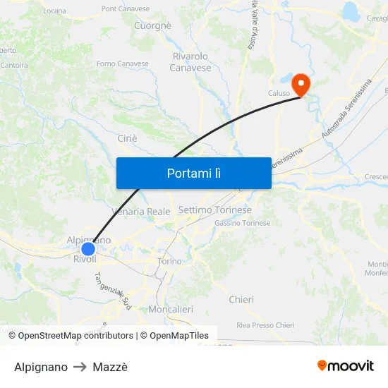 Alpignano to Mazzè map