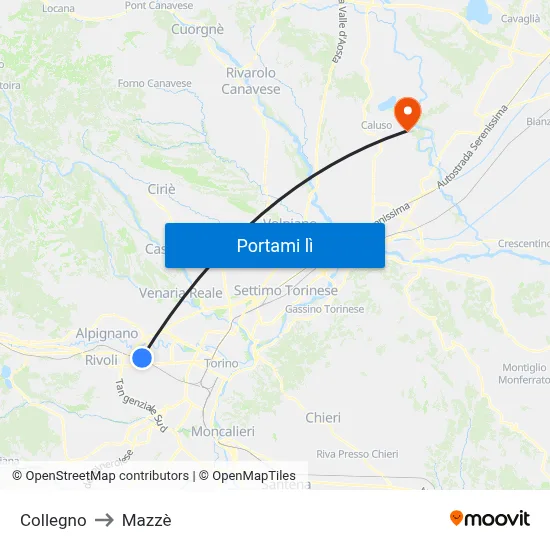 Collegno to Mazzè map
