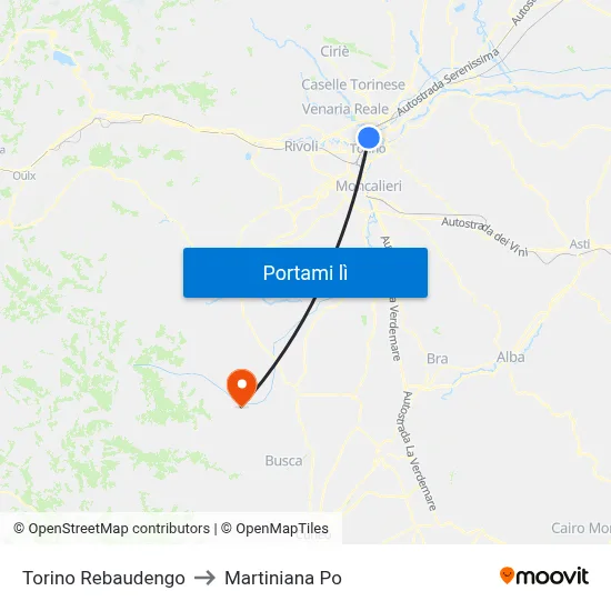 Torino Rebaudengo to Martiniana Po map