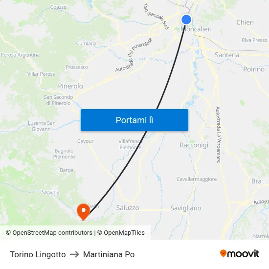 Torino Lingotto to Martiniana Po map