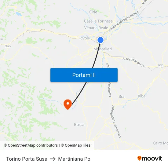 Torino Porta Susa to Martiniana Po map