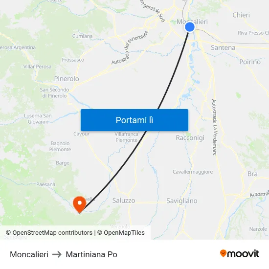 Moncalieri to Martiniana Po map