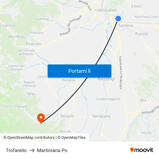 Trofarello to Martiniana Po map