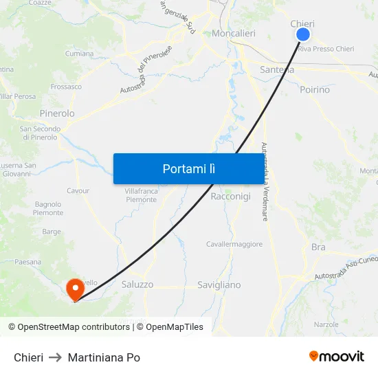 Chieri to Martiniana Po map