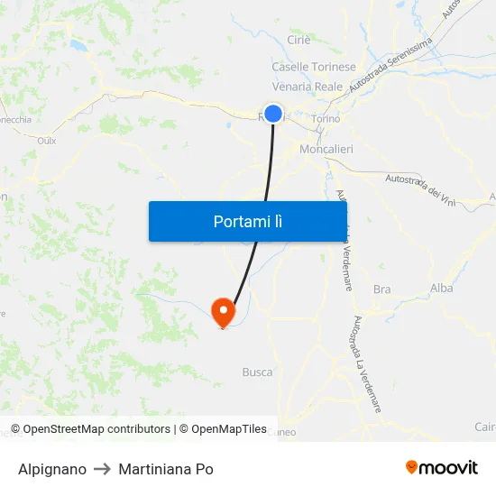 Alpignano to Martiniana Po map
