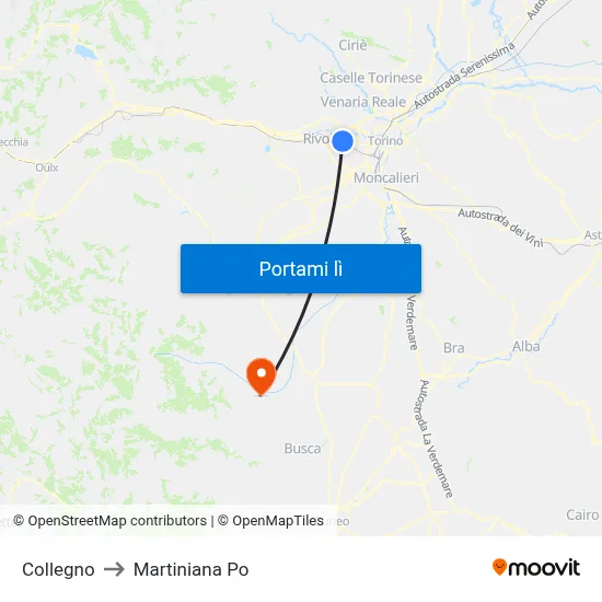 Collegno to Martiniana Po map
