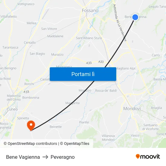 Bene Vagienna to Peveragno map