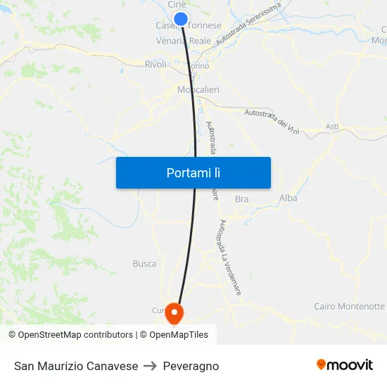 San Maurizio Canavese to Peveragno map