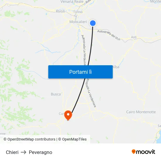 Chieri to Peveragno map