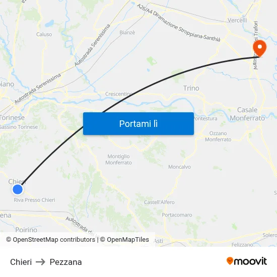 Chieri to Pezzana map