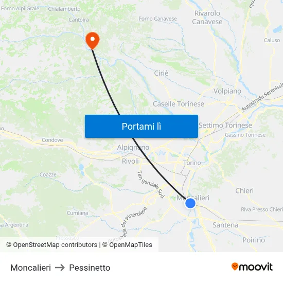 Moncalieri to Pessinetto map