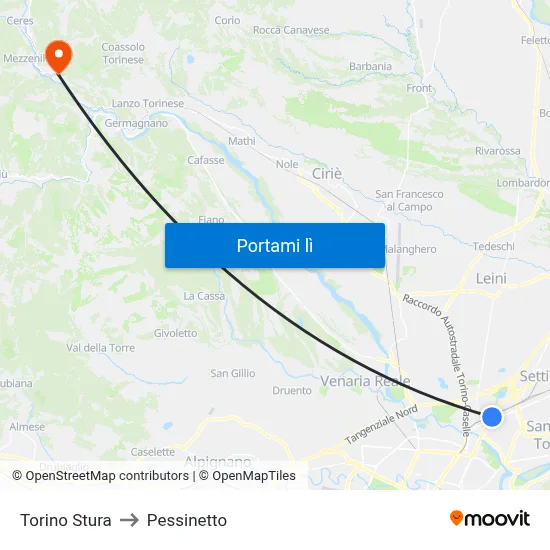 Torino Stura to Pessinetto map
