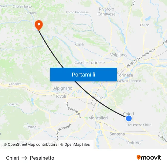 Chieri to Pessinetto map