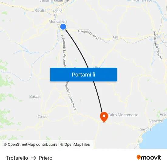 Trofarello to Priero map