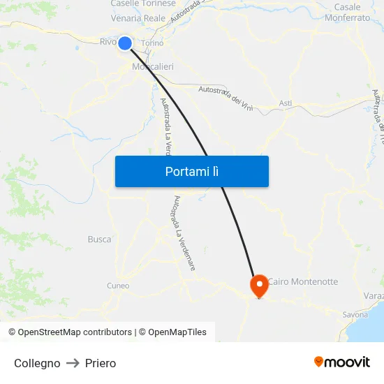 Collegno to Priero map