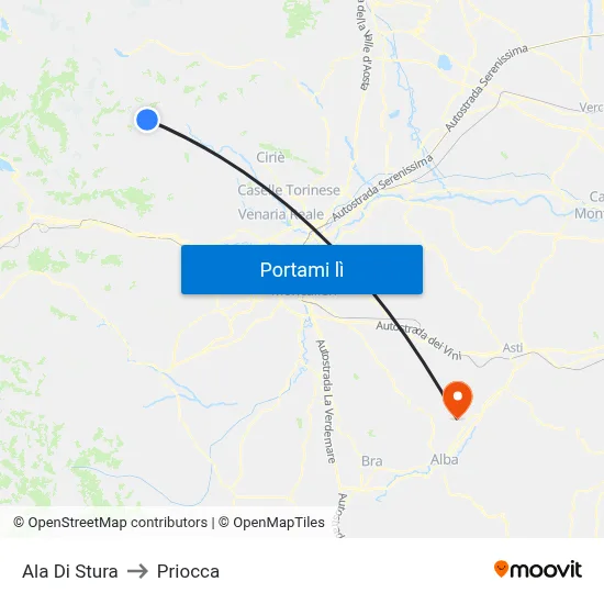 Ala Di Stura to Priocca map