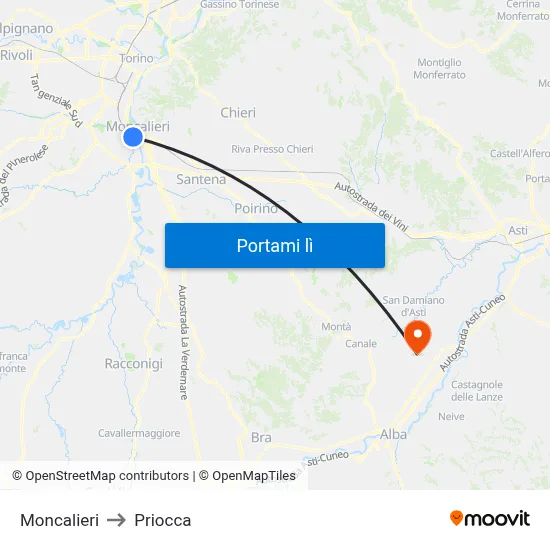 Moncalieri to Priocca map