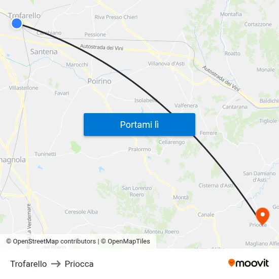Trofarello to Priocca map