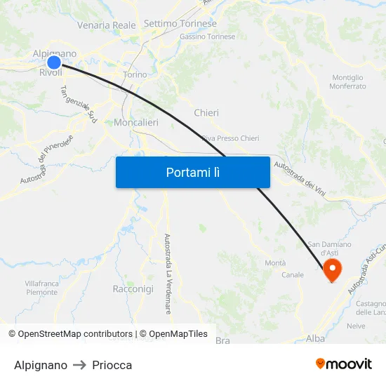 Alpignano to Priocca map