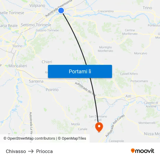 Chivasso to Priocca map
