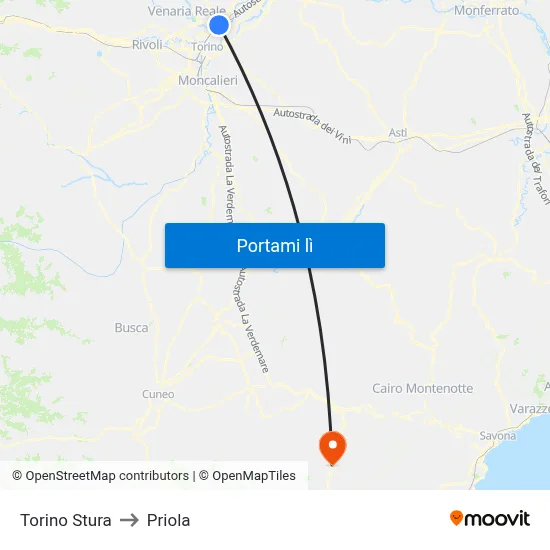 Torino Stura to Priola map