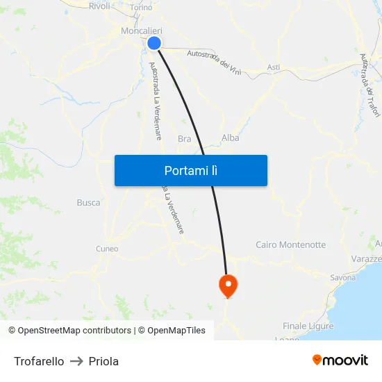Trofarello to Priola map