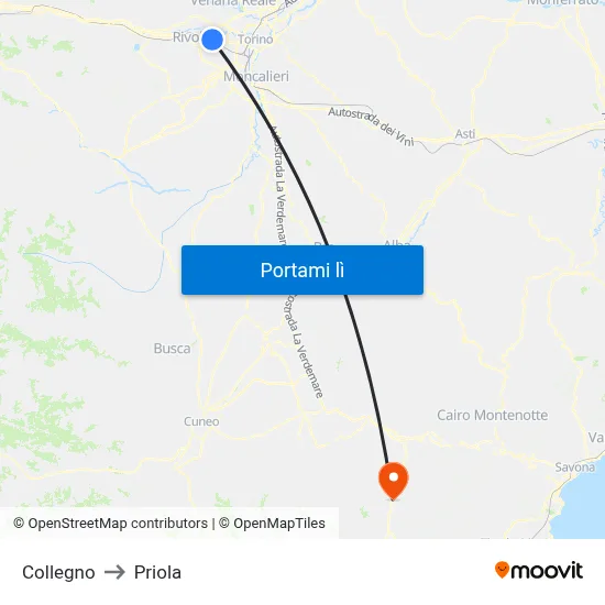 Collegno to Priola map