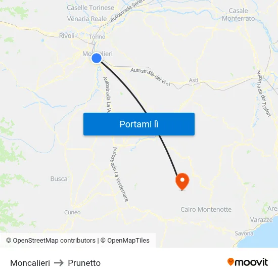 Moncalieri to Prunetto map