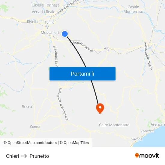 Chieri to Prunetto map