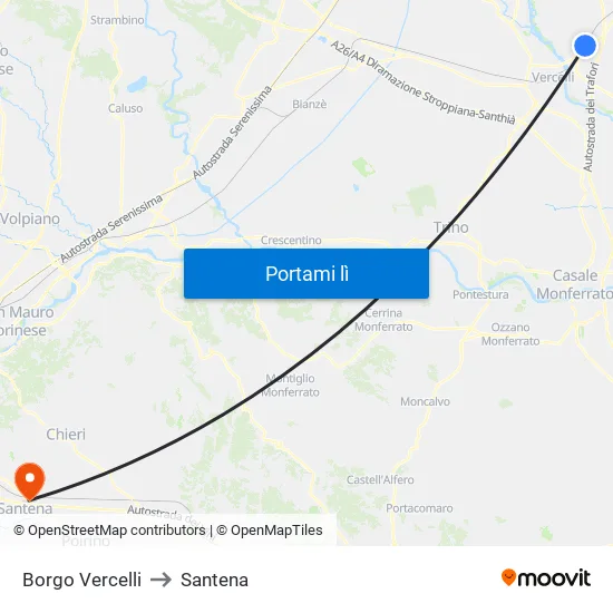 Borgo Vercelli to Santena map