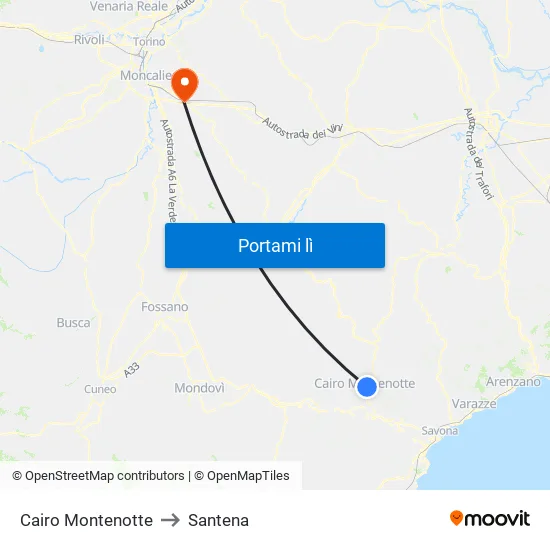 Cairo Montenotte to Santena map