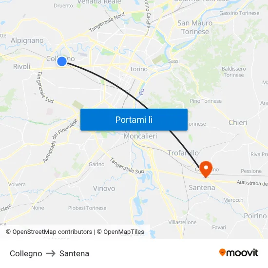 Collegno to Santena map