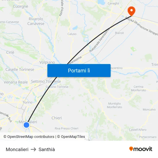 Moncalieri to Santhià map