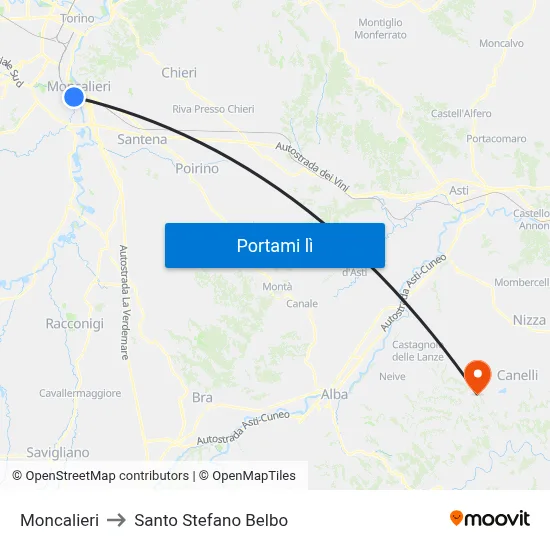 Moncalieri to Santo Stefano Belbo map