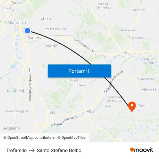 Trofarello to Santo Stefano Belbo map