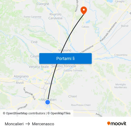 Moncalieri to Mercenasco map