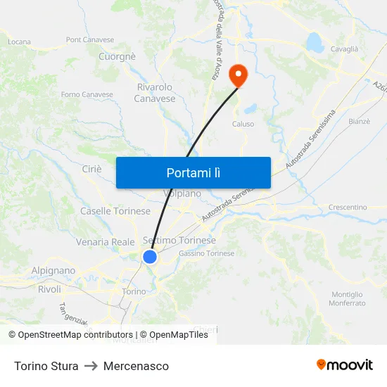 Torino Stura to Mercenasco map