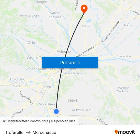 Trofarello to Mercenasco map