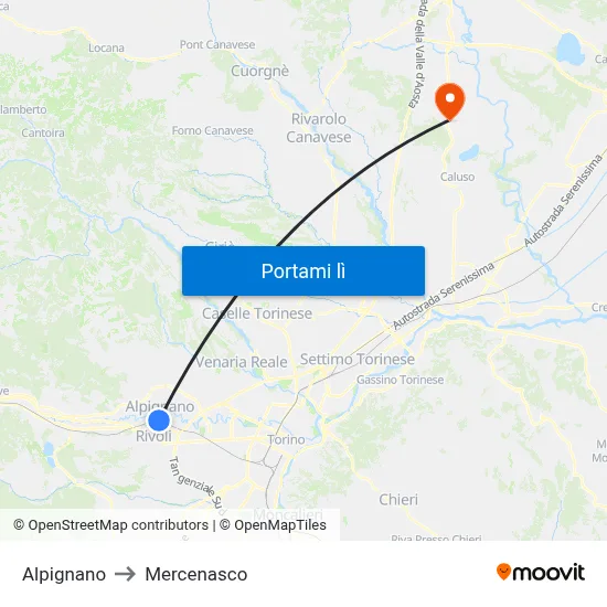 Alpignano to Mercenasco map