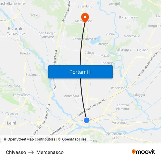 Chivasso to Mercenasco map