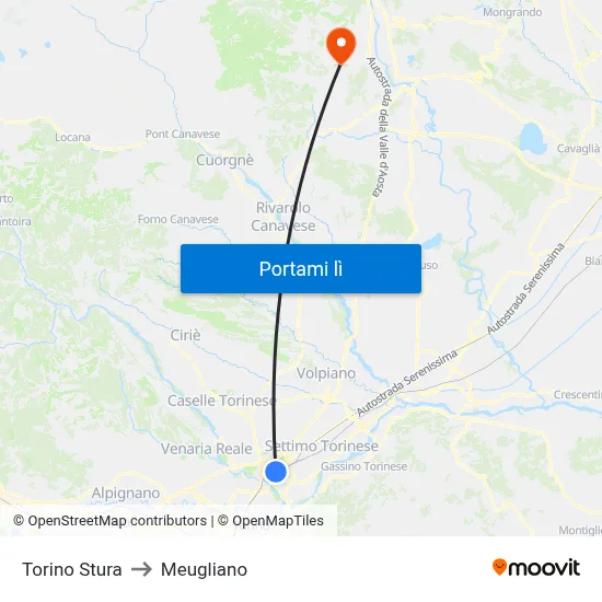 Torino Stura to Meugliano map