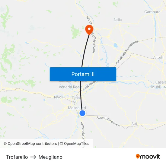 Trofarello to Meugliano map