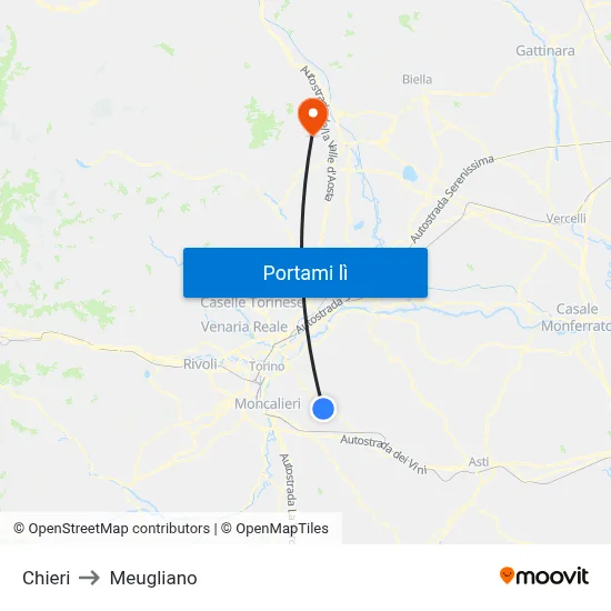 Chieri to Meugliano map