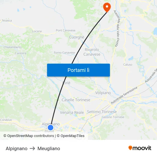 Alpignano to Meugliano map
