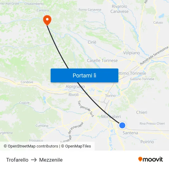 Trofarello to Mezzenile map