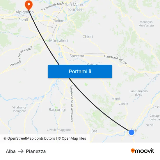Alba to Pianezza map