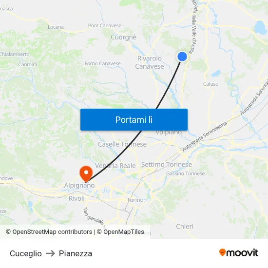 Cuceglio to Pianezza map