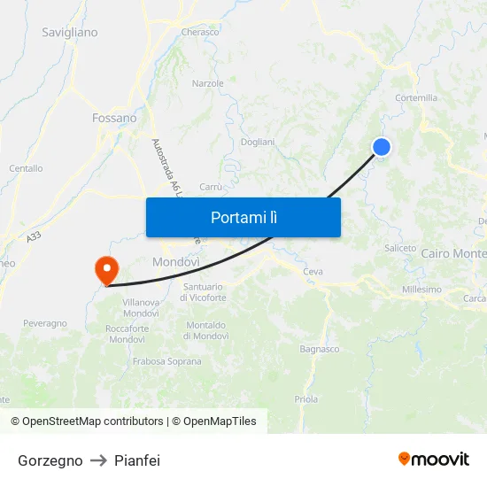 Gorzegno to Pianfei map